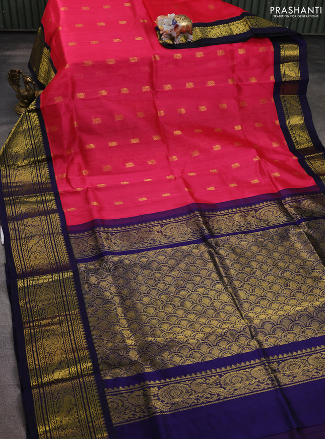 Silk cotton saree pink and dark blue with zari woven buttas and long zari woven korvai border