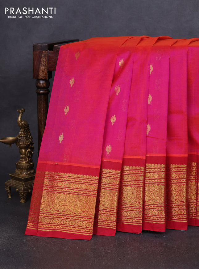 Silk cotton saree dual shade of pinkish orange and red with zari woven buttas and long zari woven korvai border