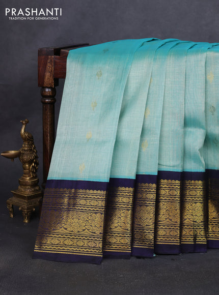 Silk cotton saree teal blue and dark blue with zari woven buttas and long zari woven korvai border