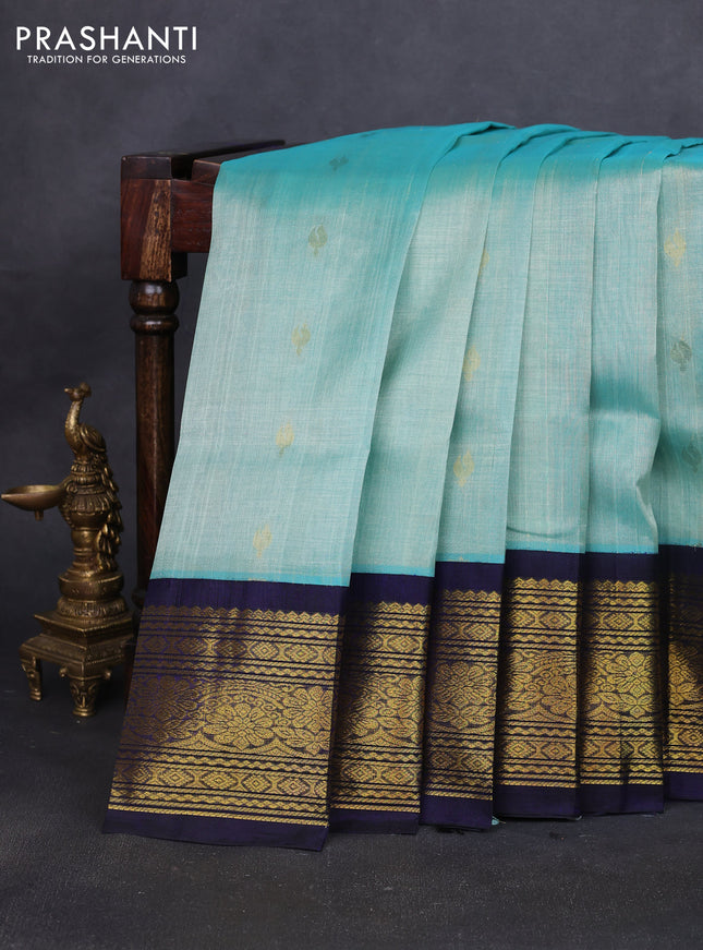 Silk cotton saree teal blue and dark blue with zari woven buttas and long zari woven korvai border
