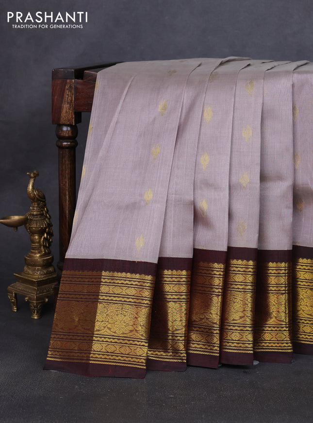 Silk cotton saree grey and deep maroon with zari woven buttas and long zari woven korvai border