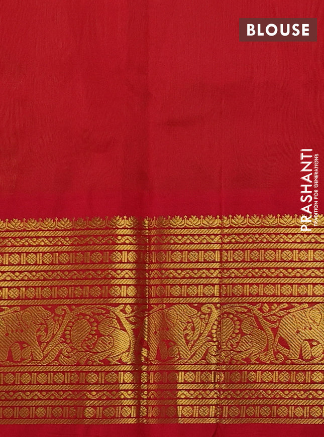Silk cotton saree dark mustard and red with zari woven buttas and long zari woven korvai border