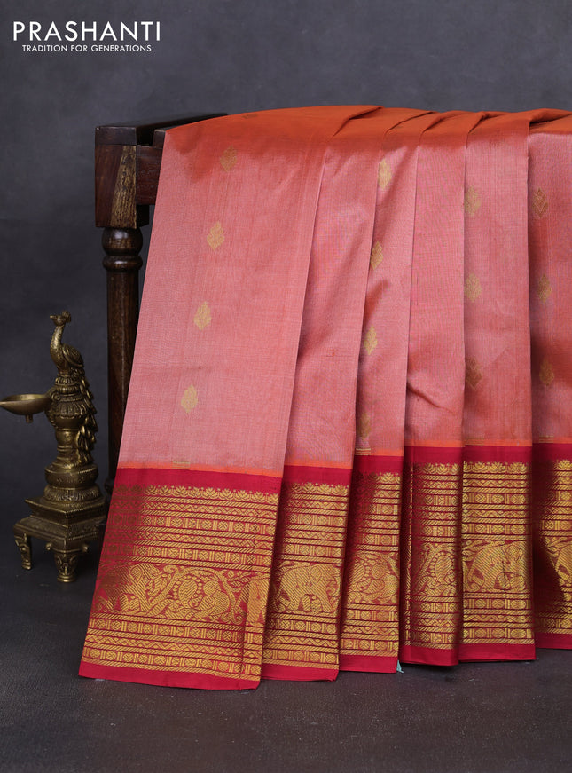 Silk cotton saree peach orange and red with zari woven buttas and long zari woven korvai border