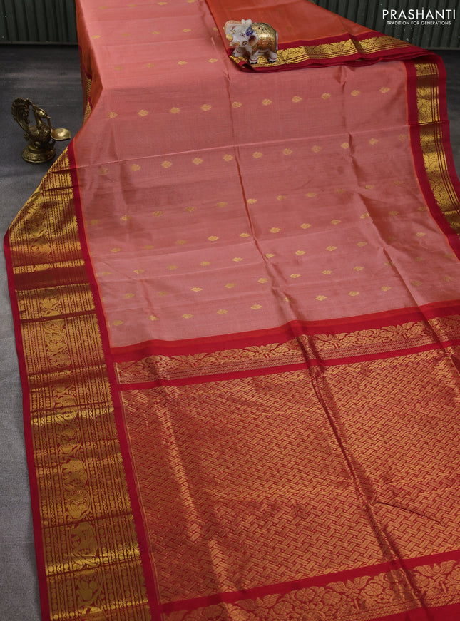 Silk cotton saree peach orange and red with zari woven buttas and long zari woven korvai border