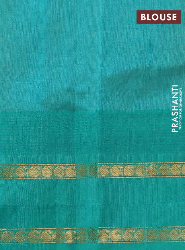 Silk cotton saree sandal and teal green shade with paisley zari woven buttas and temple design rettapet zari woven korvai border