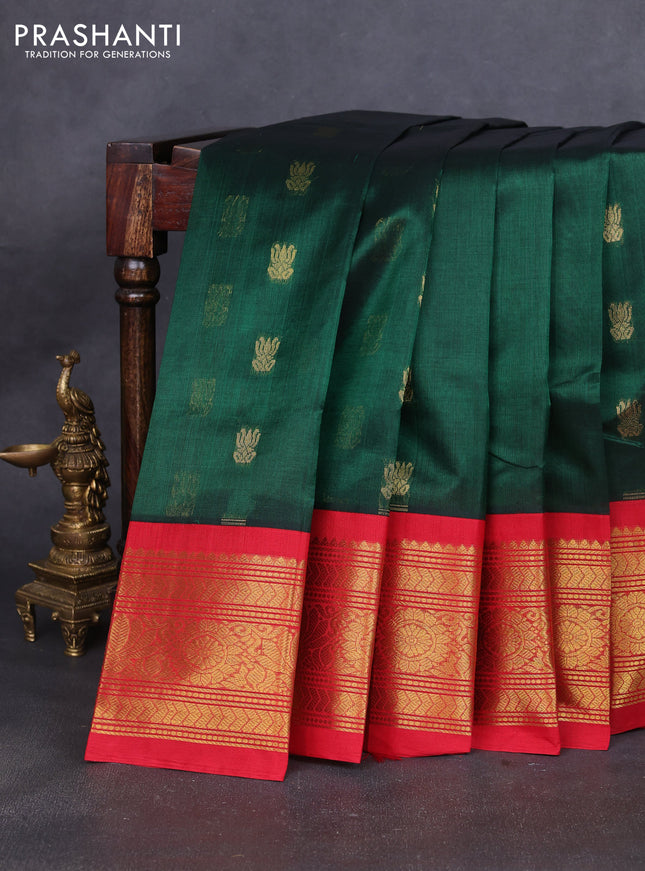 Silk cotton saree bottle green and red with zari woven buttas and long zari woven korvai border