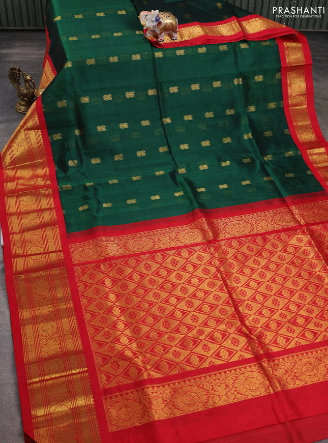 Silk cotton saree bottle green and red with zari woven buttas and long zari woven korvai border