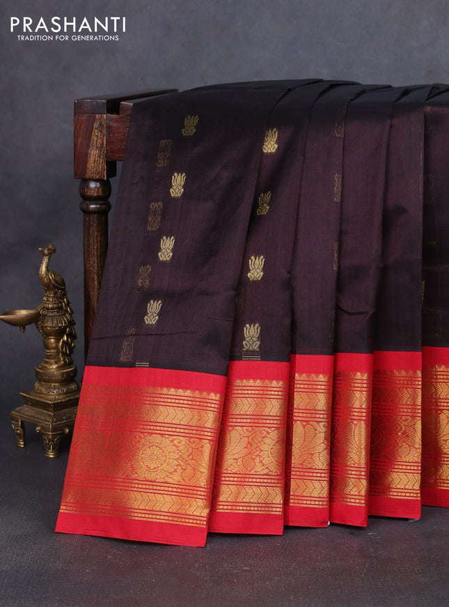 Silk cotton saree deep coffee brown and red with zari woven buttas and long zari woven korvai border