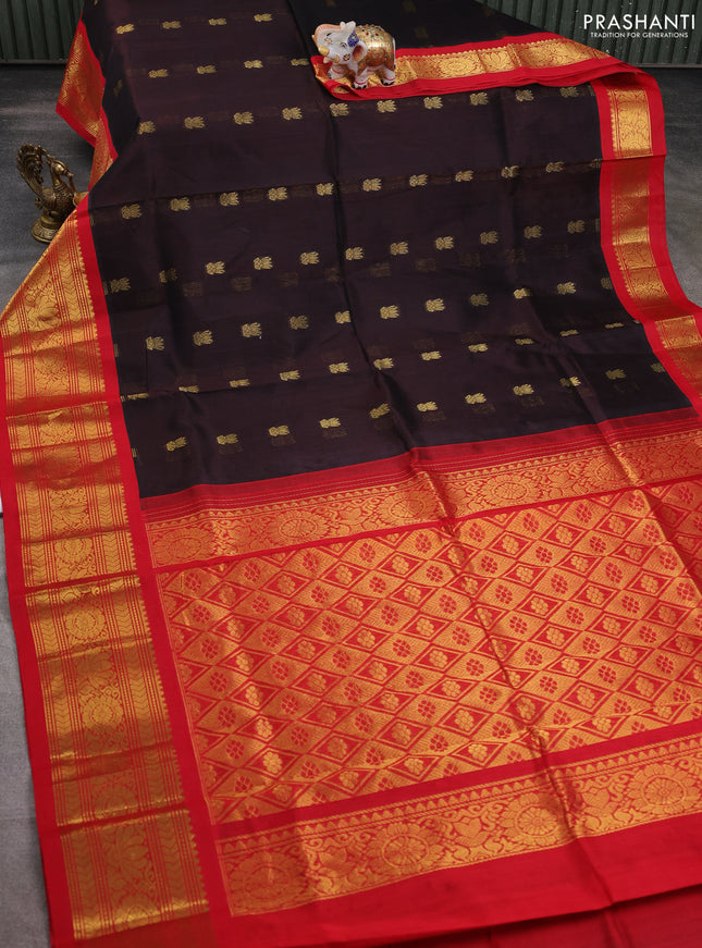 Silk cotton saree deep coffee brown and red with zari woven buttas and long zari woven korvai border