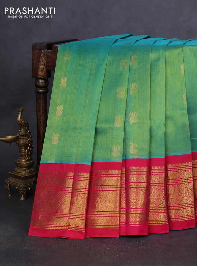 Silk cotton saree dual shade of green and pink with zari woven buttas and long zari woven korvai border