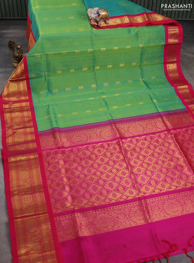 Silk cotton saree dual shade of green and pink with zari woven buttas and long zari woven korvai border