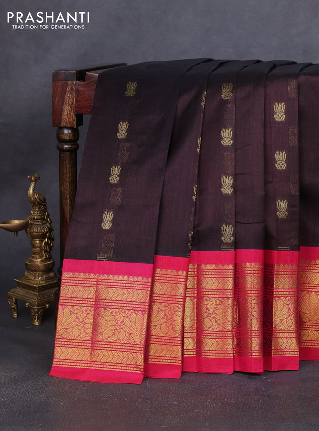 Silk cotton saree coffee brown and pink with zari woven buttas and long zari woven korvai border