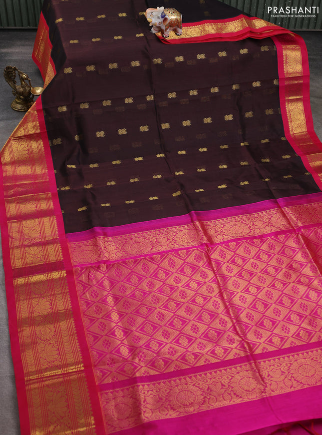 Silk cotton saree coffee brown and pink with zari woven buttas and long zari woven korvai border