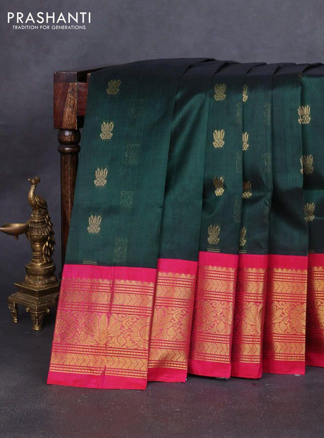 Silk cotton saree bottle green and pink with zari woven buttas and long zari woven korvai border