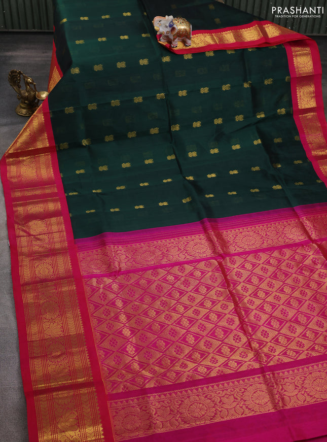 Silk cotton saree bottle green and pink with zari woven buttas and long zari woven korvai border