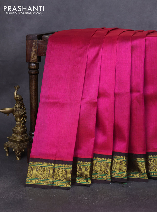 Silk cotton saree rani pink and deep coffee brown with plain body and annam zari woven korvai border
