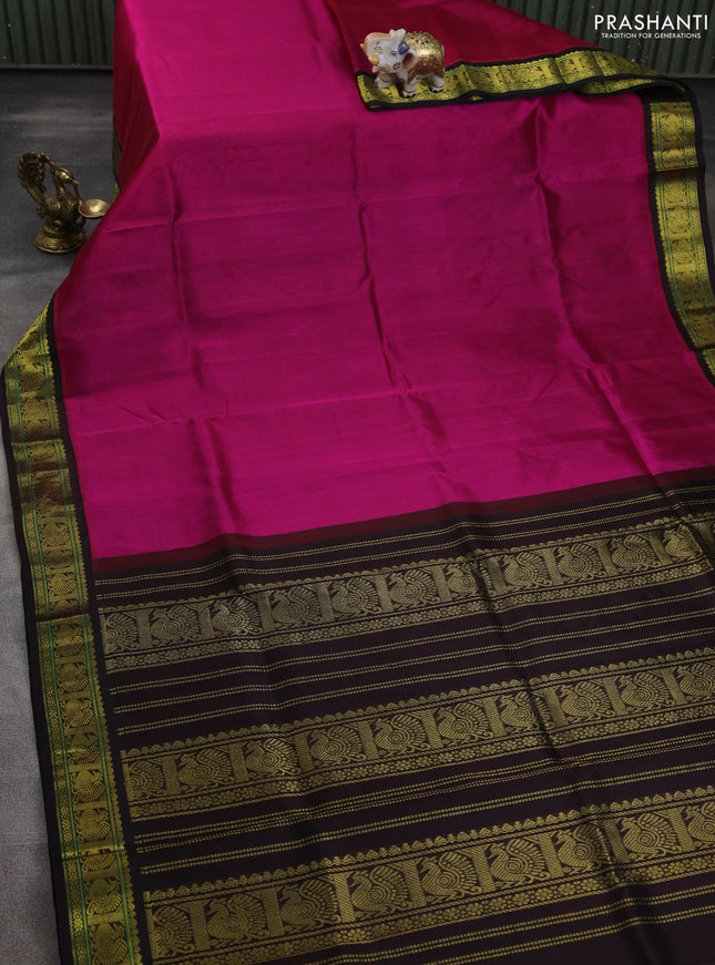 Silk cotton saree rani pink and deep coffee brown with plain body and annam zari woven korvai border