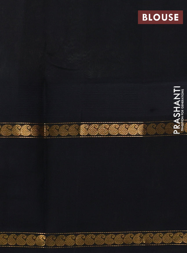 Silk cotton saree pista green and black with allover small checked pattern and temple design zari woven butta border