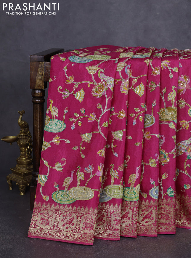 Banarasi crepe saree pink with prints & sequin embroidery work and zari woven border