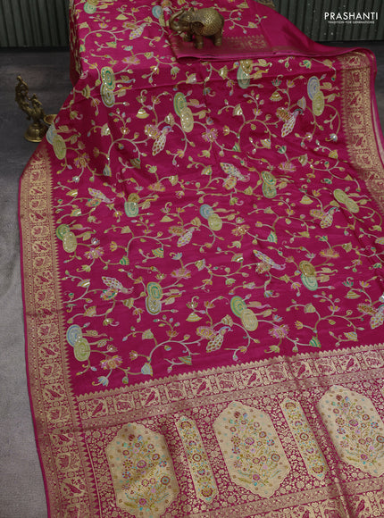 Banarasi crepe saree pink with prints & sequin embroidery work and zari woven border