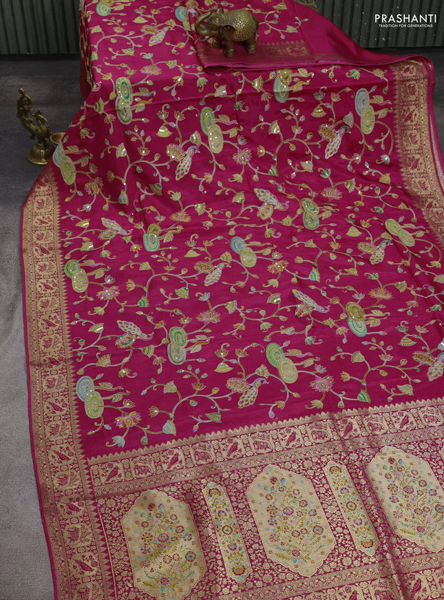 Banarasi crepe saree pink with prints & sequin embroidery work and zari woven border
