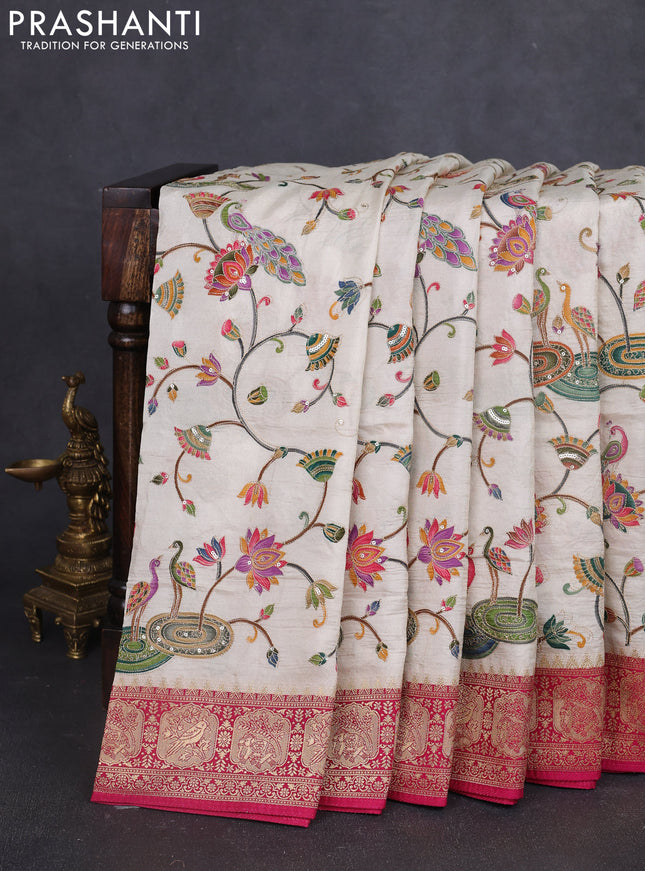 Banarasi crepe saree cream and pink with prints & sequin embroidery work and zari woven border