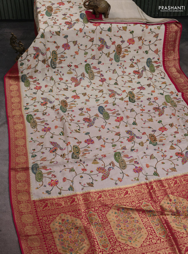Banarasi crepe saree cream and pink with prints & sequin embroidery work and zari woven border