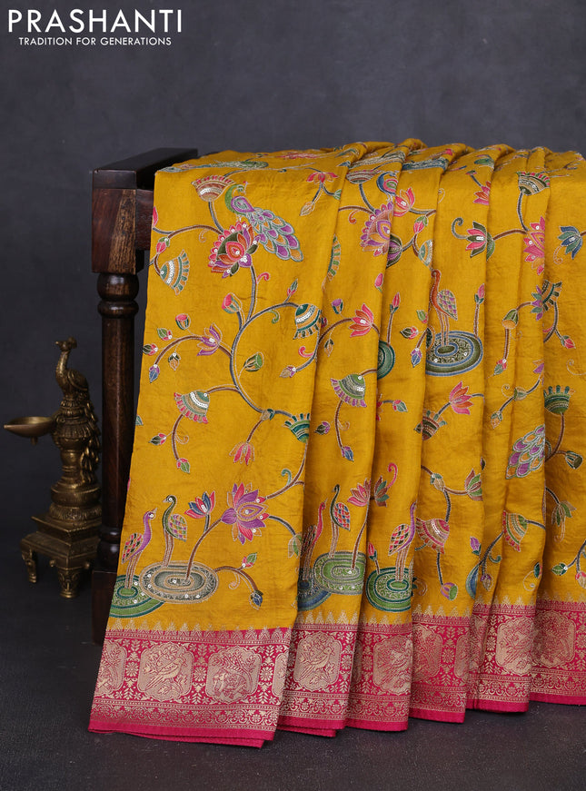 Banarasi crepe saree mustard yellow and pink with prints & sequin embroidery work and zari woven border