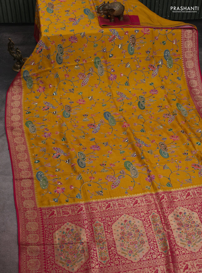 Banarasi crepe saree mustard yellow and pink with prints & sequin embroidery work and zari woven border