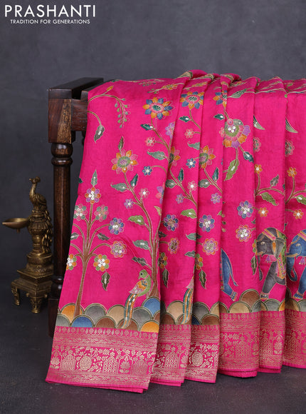 Banarasi crepe saree pink with prints & sequin embroidery work and zari woven border