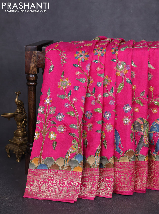 Banarasi crepe saree pink with prints & sequin embroidery work and zari woven border