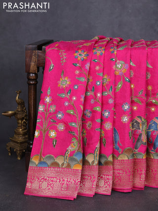 Banarasi crepe saree pink with prints & sequin embroidery work and zari woven border