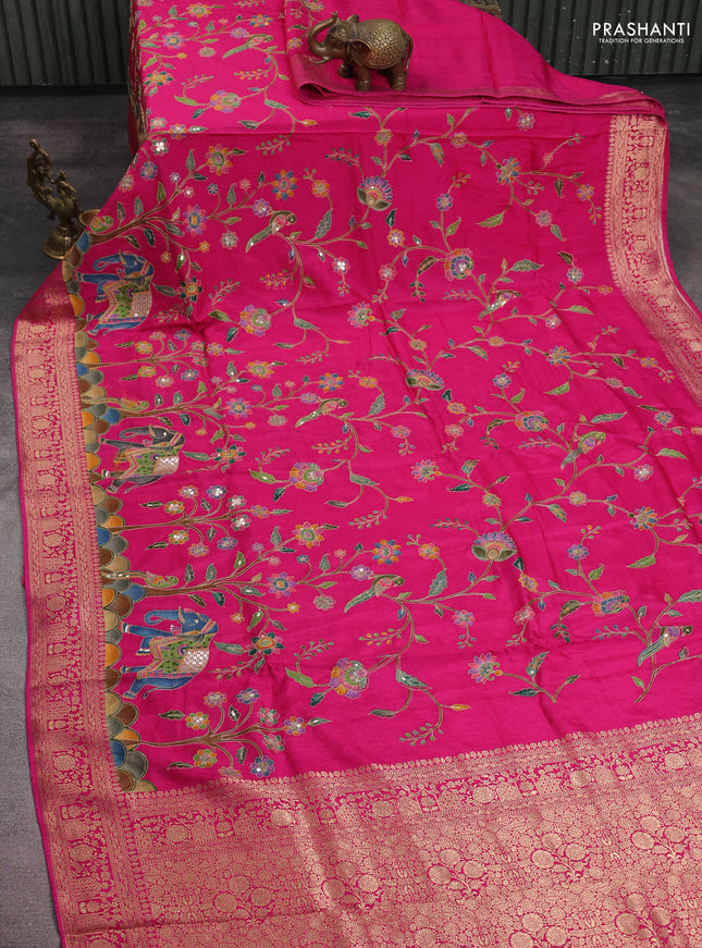 Banarasi crepe saree pink with prints & sequin embroidery work and zari woven border