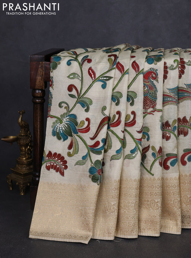 Banarasi crepe saree cream with kalamkari prints & sequin embroidery work and zari woven border