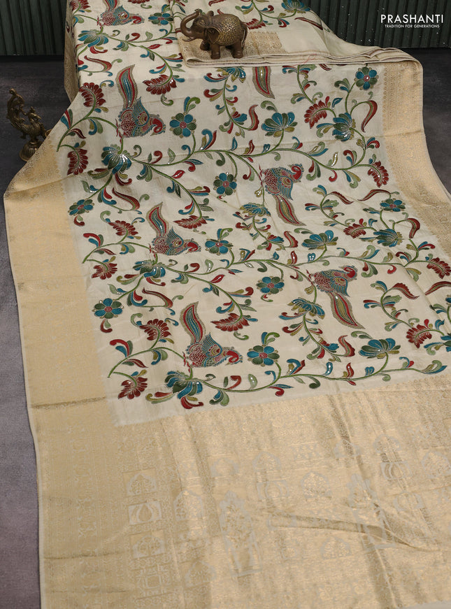 Banarasi crepe saree cream with kalamkari prints & sequin embroidery work and zari woven border