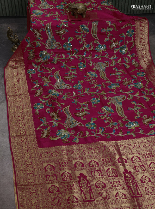 Banarasi crepe saree pink with kalamkari prints & sequin embroidery work and zari woven border