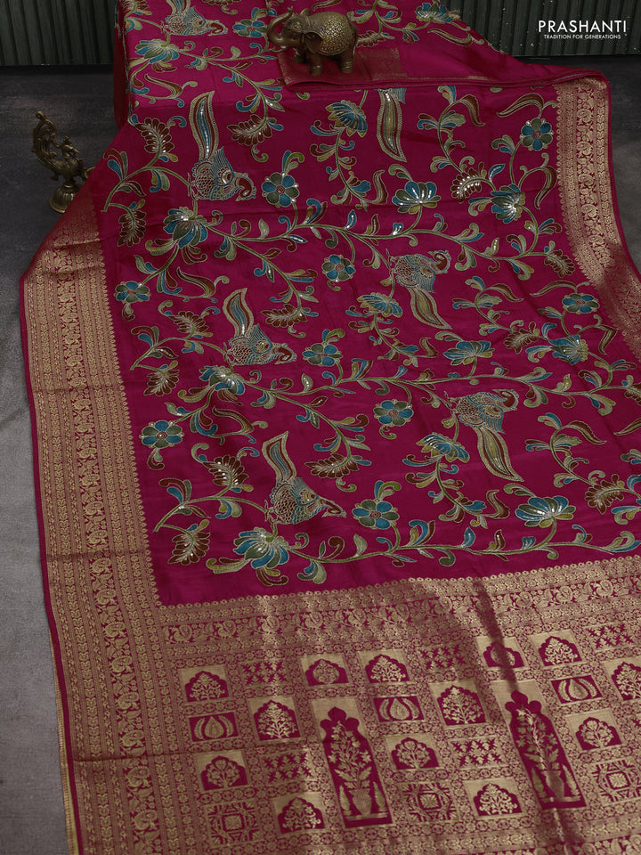 Banarasi crepe saree pink with kalamkari prints & sequin embroidery work and zari woven border