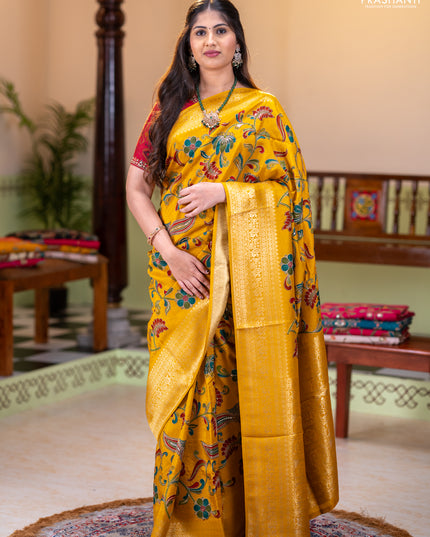 Banarasi crepe saree mustard yellow with kalamkari prints & sequin embroidery work and zari woven border