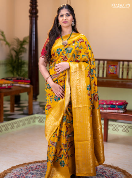 Banarasi crepe saree mustard yellow with kalamkari prints & sequin embroidery work and zari woven border