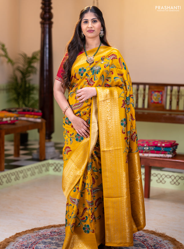Banarasi crepe saree mustard yellow with kalamkari prints & sequin embroidery work and zari woven border