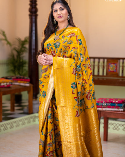 Banarasi crepe saree mustard yellow with kalamkari prints & sequin embroidery work and zari woven border