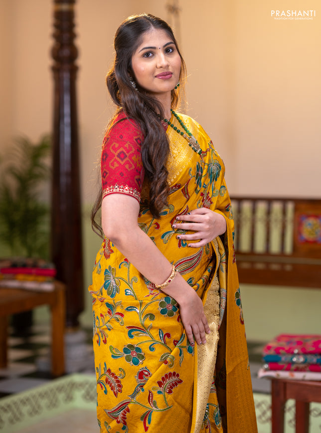 Banarasi crepe saree mustard yellow with kalamkari prints & sequin embroidery work and zari woven border