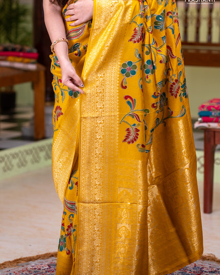 Banarasi crepe saree mustard yellow with kalamkari prints & sequin embroidery work and zari woven border