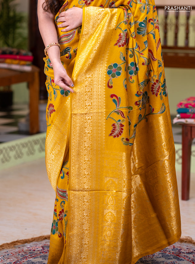 Banarasi crepe saree mustard yellow with kalamkari prints & sequin embroidery work and zari woven border