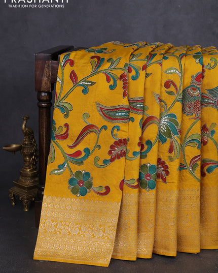 Banarasi crepe saree mustard yellow with kalamkari prints & sequin embroidery work and zari woven border