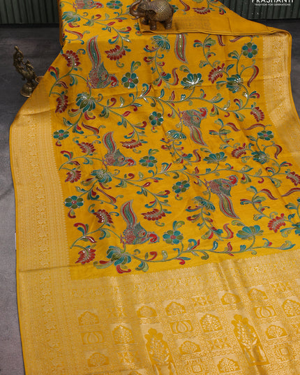 Banarasi crepe saree mustard yellow with kalamkari prints & sequin embroidery work and zari woven border