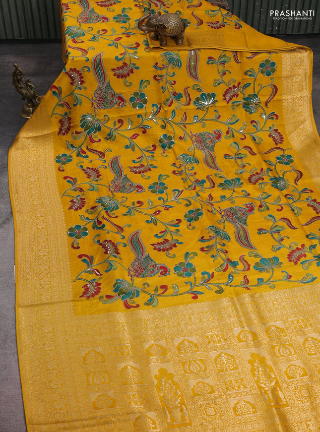 Banarasi crepe saree mustard yellow with kalamkari prints & sequin embroidery work and zari woven border