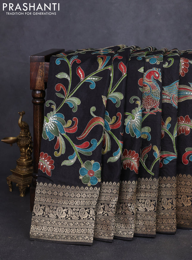 Banarasi crepe saree black with kalamkari prints & sequin embroidery work and zari woven border