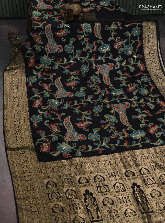 Banarasi crepe saree black with kalamkari prints & sequin embroidery work and zari woven border