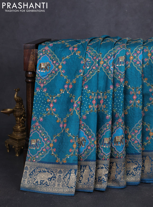 Banarasi crepe saree peacock green and peacock blue with prints & sequin embroidery work and zari woven border